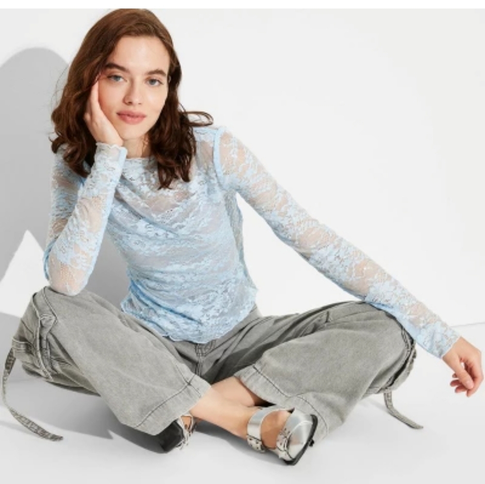 Womens Long Sleeve Blue Lace Squin   Top XS Wild Fable